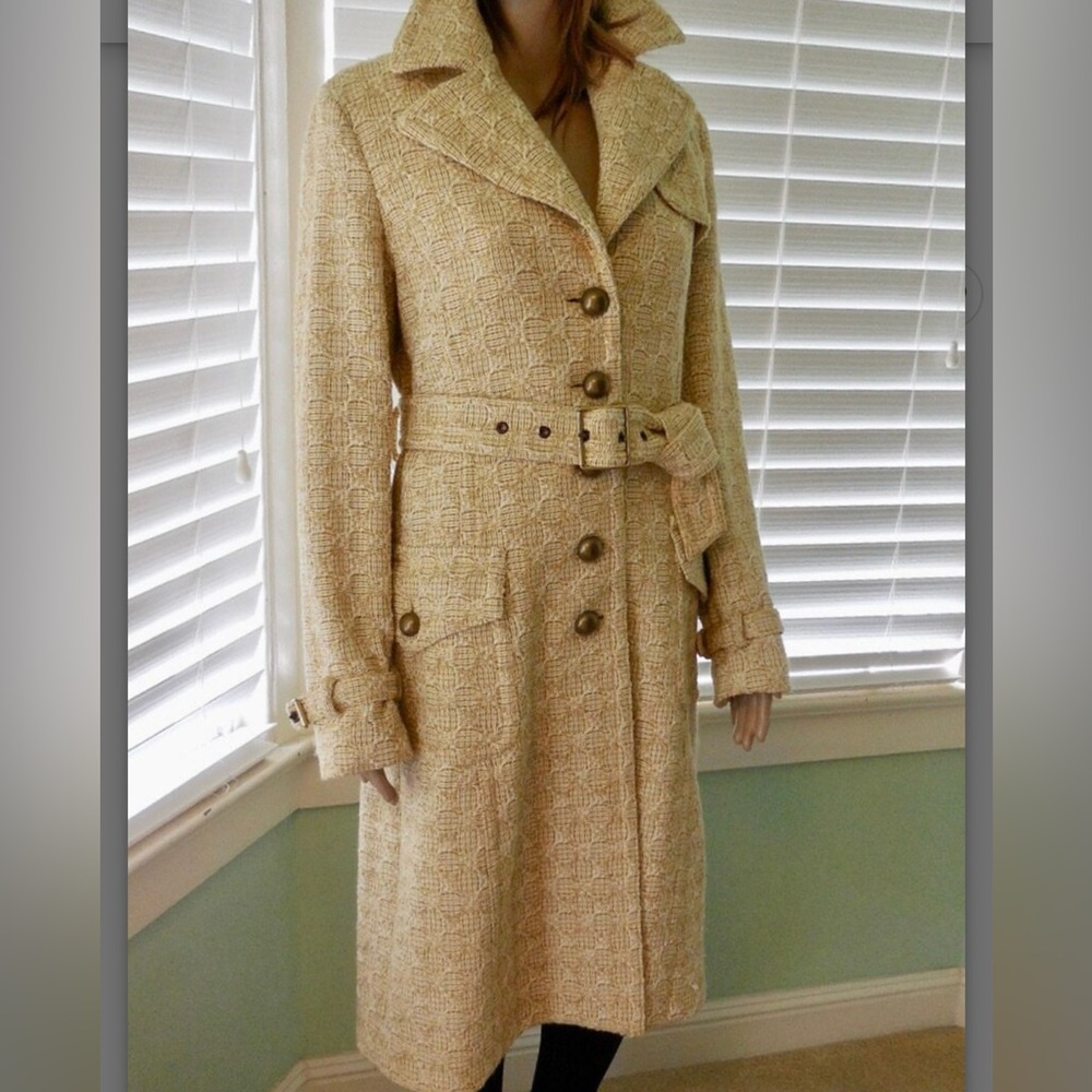 Vtg Banana Republic Pale Yellow Tweed Wool Blend Pea Coat Jacket Belt M 2004